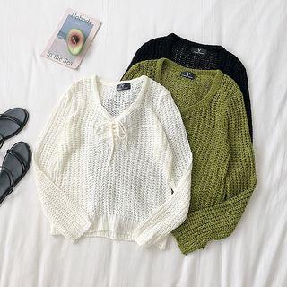 Lace-up Long-sleeve Open Knit Top