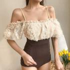 Cold-shoulder Lace Panel Two-tone Swimsuit