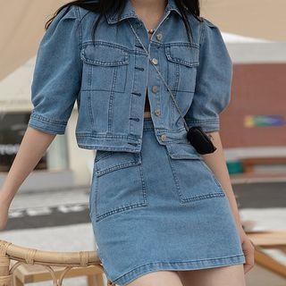 Set: Denim Crop Jacket+denim A-line Skirt