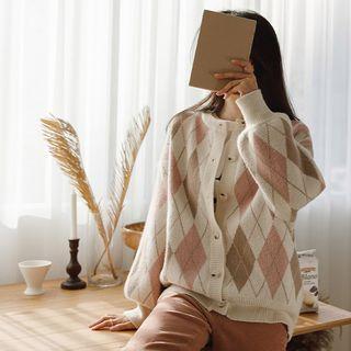 Bishop-sleeve Argyle Cardigan