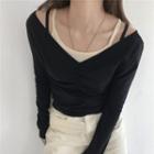 Shirred-front V-neck Long-sleeve T-shirt Black - One Size