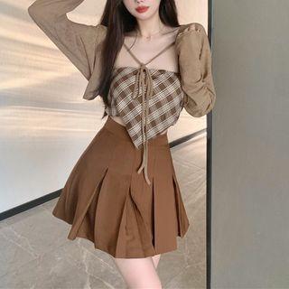 Cropped Cardigan / Plaid Camisole Top / Pleated Mini Skirt