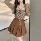 Cropped Cardigan / Plaid Camisole Top / Pleated Mini Skirt