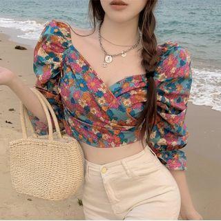 Floral V-neck Puff-sleeve Cropped Blouse