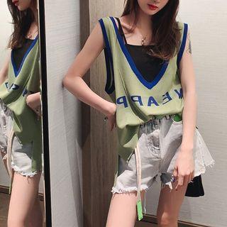 Deep V-neck Lettering Knit Tank Top