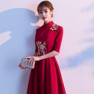 Elbow-sleeve Mandarin Collar A-line Dress