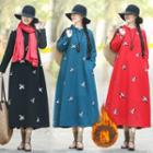 Long-sleeve Crane Embroidery A-line Midi Dress