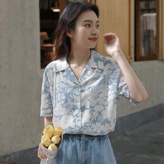 Short-sleeve V-neck Flower Print Chiffon Shirt