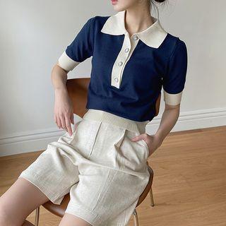 Piped Textured Knit Polo Shirt Navy Blue - One Size
