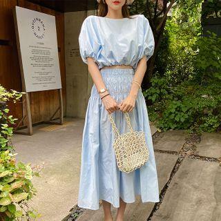 Set: Puff-sleeve Cropped Top + Band-waist Skirt