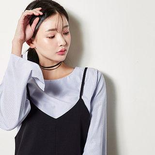 Set: Bell-sleeve Stripe Top + Spaghetti-strap Asymmetric Dress
