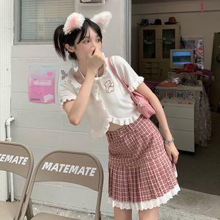 Short-sleeve Embroidered Knit Top / Plaid Mini A-line Skirt