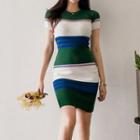 Short-sleeve Color Panel Mini Sheath Knit Dress Stripe - One Size