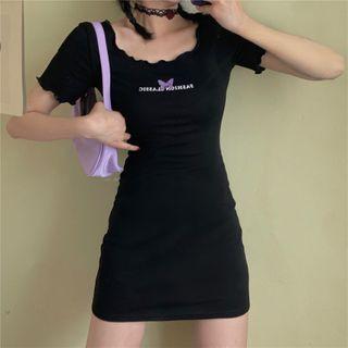 Short-sleeve Ruffled Trim Lettering Mini Dress