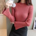 Ribbed Mock Neck Bell-sleeve Knit Top