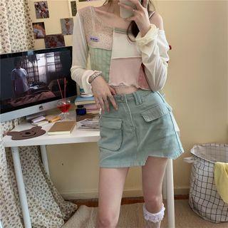 Long-sleeve Color Block Crop Top / Denim Mini A-line Skirt