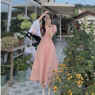 Puff-sleeve Bow-back Midi A-line Dress / Blouse