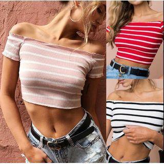 Striped Off-shoulder Short-sleeve Cropped Top