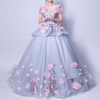 Flower Applique Trained Wedding Ball Gown