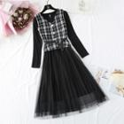 Set: Plaid Knit Buttoned Vest + Long-sleeve Midi A-line Mesh Dress