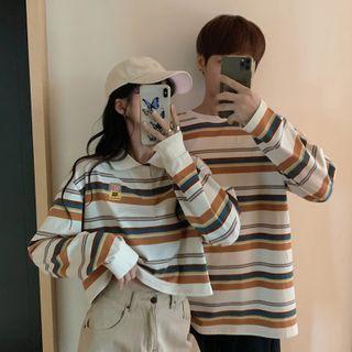 Polo-neck Striped Cropped Top + Round-neck Striped Top
