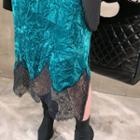 Lace Velvet Midi Skirt Green - One Size