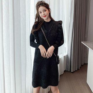 Set: Long-sleeve Knit Top + Sleeveless Ruffle Trim Midi Dress Black - One Size