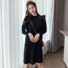 Set: Long-sleeve Knit Top + Sleeveless Ruffle Trim Midi Dress Black - One Size