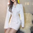 Set: Halter-neck Mini Bodycon Dress + Fluffy Cardigan