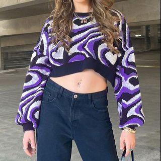Long Sleeve Heart Print Color-block Loose-fit Crop Sweater
