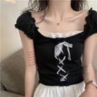 Cap-sleeve Lace-up Frill Trim Top