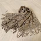Fringe Plaid Knit Scarf Brown - One Size