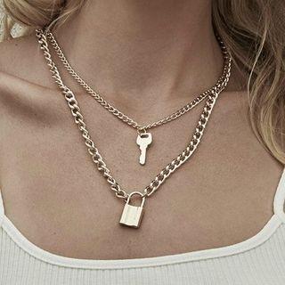 Retro Layered Lock Pendant Necklace Silver - One Size