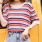 Short-sleeve Striped Knit Top Stripe - Red - One Size