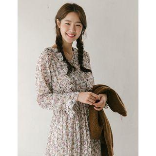 V-neck Ruffle-trim Long Floral Dress