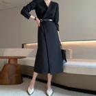 Long-sleeve V-neck Wrap Midi A-line Dress
