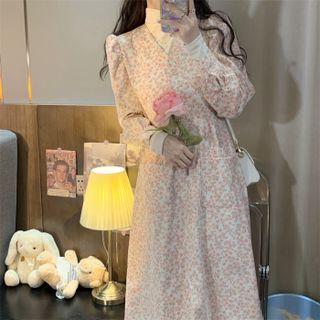 Puff-sleeve Long-sleeve Floral Print Midi A-line Dress / Mock-neck Long-sleeve T-shirt