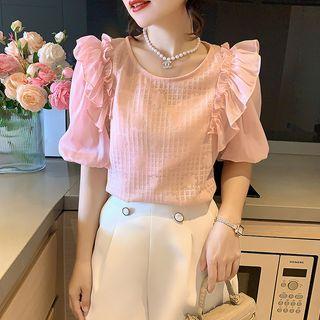 Short-sleeve Mesh Frill Trim Blouse