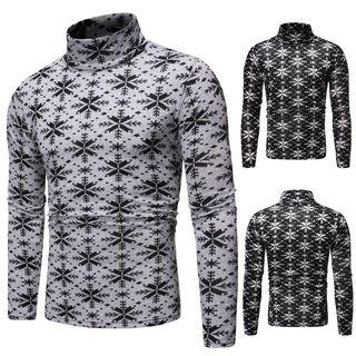 Mock-turtleneck Long-sleeve Snowflake Print T-shirt