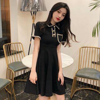 Short-sleeve Tweed Trim A-line Mini Polo Dress