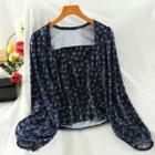 Floral Print Square-neck Blouse Navy Blue - One Size