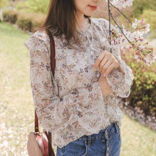 Ruffled Capelet Floral Chiffon Blouse