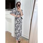 Short-sleeve Square-neck Flower Print Midi Dress