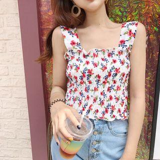 Sleeveless Floral Print Smocked Top As Shown In Figure - One Size