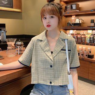 Short-sleeve Plaid Cropped Shirt Khaki - One Size