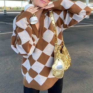 Oversize V-neck Argyle Print Top