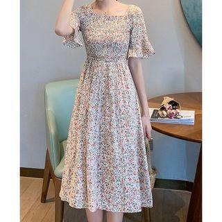 Flared-sleeve Flower Print Midi A-line Dress