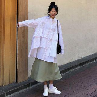 Plain Ruffle Long-sleeve Loose-fit Shirt / Plain A-line Skirt