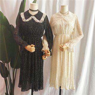 Mesh Trim Printed Long-sleeve A-line Dress