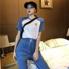 Set: Color-block Loose-fit Short-sleeve T-shirt + High-waist Cropped Pants